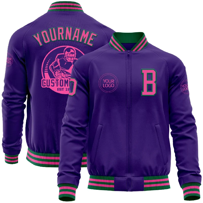 Versatile Zip Jacket for Travel and Leisure-Custom Purple Pink-Kelly Green Bomber Varsity Letterman Zipper Jacket