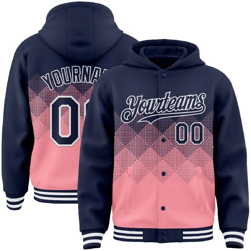 Customizable Hoodie for Personalized Apparel-Custom Navy Medium Pink-White Gradient Square Shape 3D Pattern Design Bomber Full-Snap Varsity Letterman Hoodie Jacket