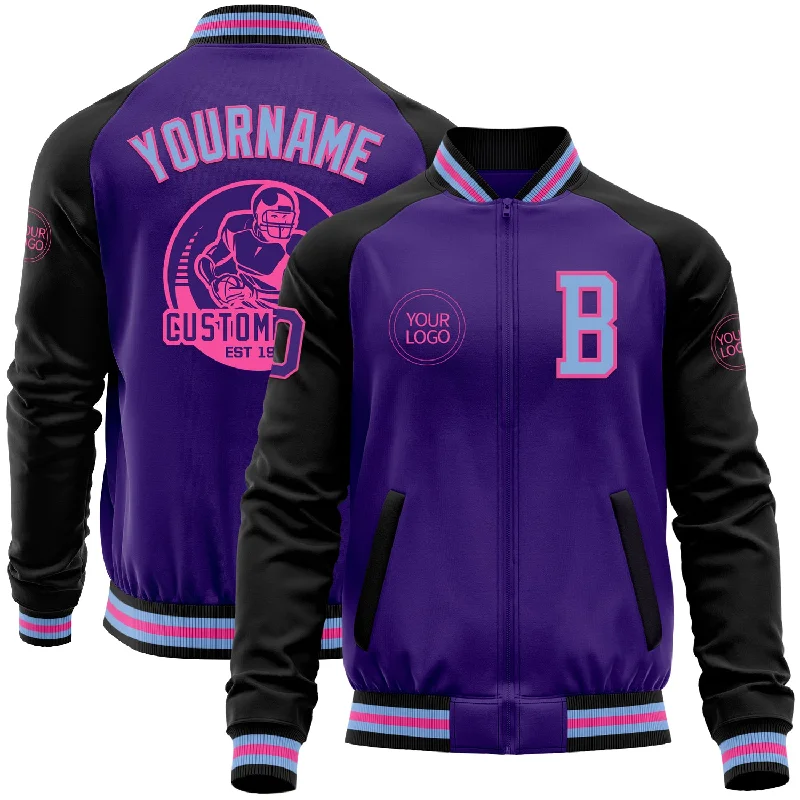 Reversible Jacket for Two Looks in One-Custom Purple Light Blue Pink-Black Bomber Varsity Letterman Two Tone Zipper Jacket