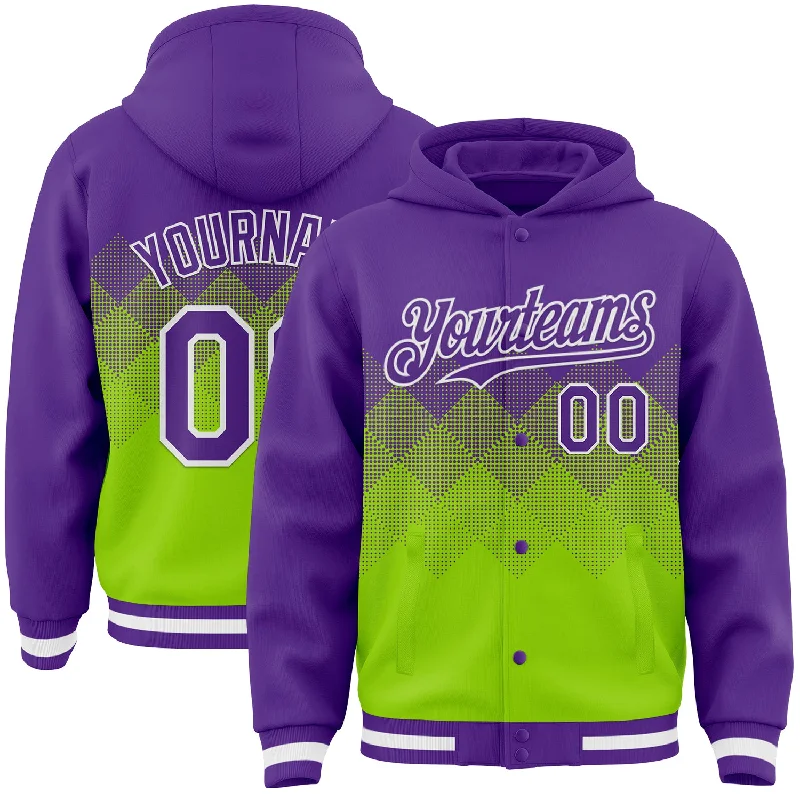 Soft French Terry Hoodie for Comfy Casual Wear-Custom Purple Neon Green-White Gradient Square Shape 3D Pattern Design Bomber Full-Snap Varsity Letterman Hoodie Jacket