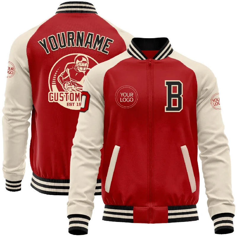 Reflective Jacket for Running and Cycling-Custom Red Black-Cream Bomber Varsity Letterman Two Tone Zipper Jacket