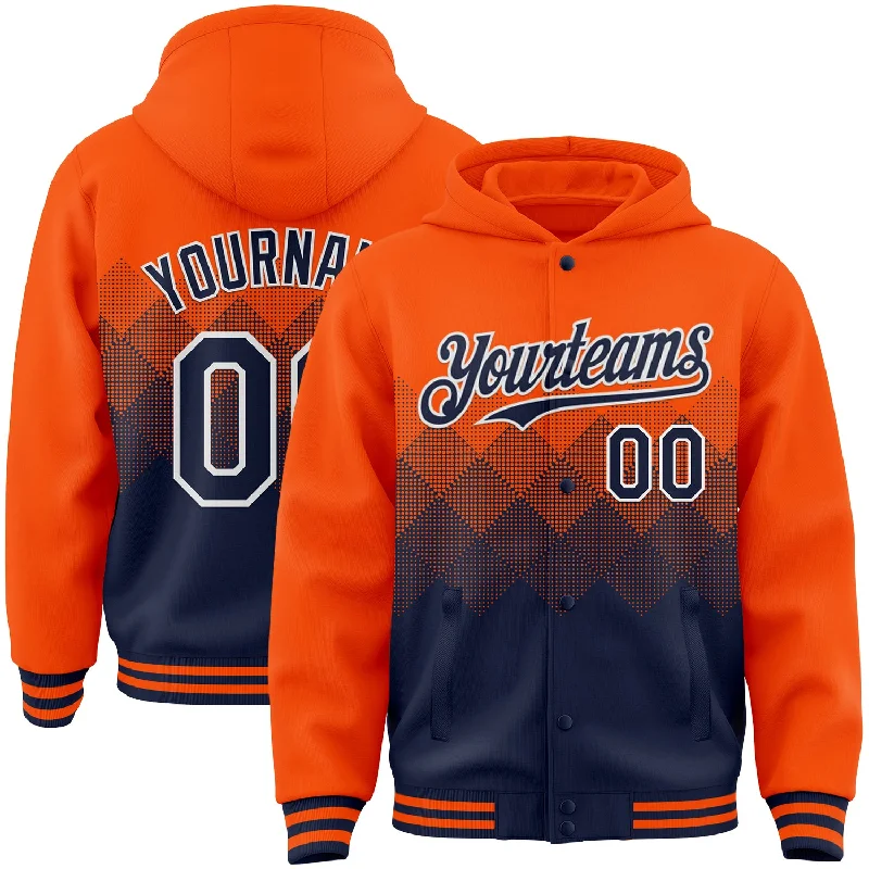 Comfortable Cotton Hoodie for All-Day Comfort-Custom Orange Navy-White Gradient Square Shape 3D Pattern Design Bomber Full-Snap Varsity Letterman Hoodie Jacket