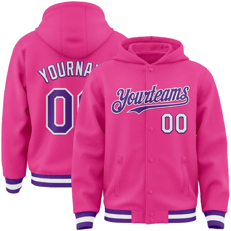 Performance Hoodie for Workout Sessions-Custom Pink Purple-White Bomber Full-Snap Varsity Letterman Hoodie Jacket