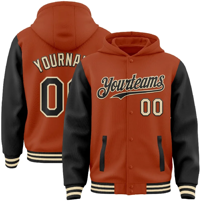 Cool Hoodie with Bold Logos for Statement Style-Custom Texas Orange Black-Cream Bomber Full-Snap Varsity Letterman Two Tone Hoodie Jacket