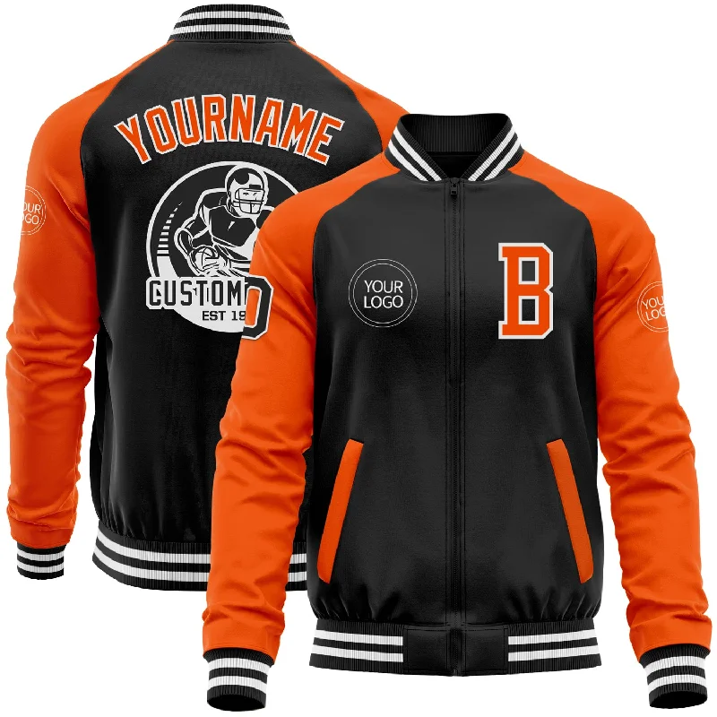 Trendy Sherpa Fleece Jacket for Cold Weather-Custom Black Orange-White Bomber Varsity Letterman Two Tone Zipper Jacket