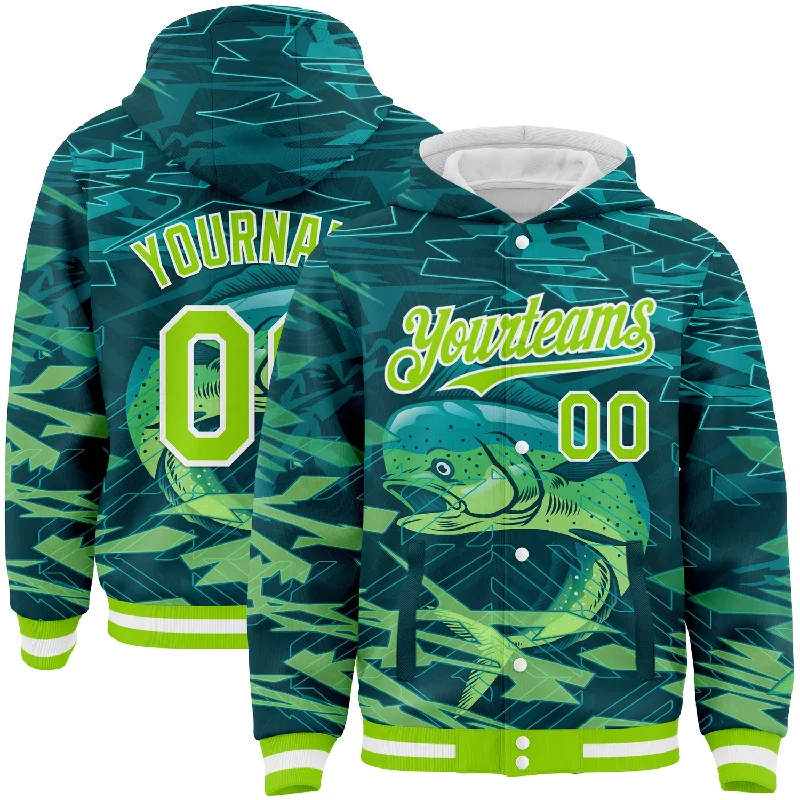 Vibrant Color Hoodie for Bright Fashion Statements-Custom Teal Neon Green-White Mahimah Fish Fishing 3D Bomber Full-Snap Varsity Letterman Hoodie Jacket