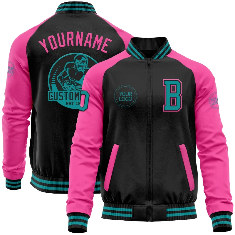 Stylish Leather Jacket for Trendy Look-Custom Black Teal-Pink Bomber Varsity Letterman Two Tone Zipper Jacket