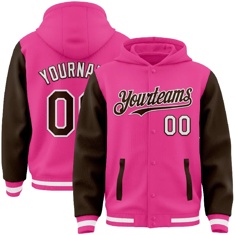 Versatile Hoodie for Sports and Leisure-Custom Pink Brown-White Bomber Full-Snap Varsity Letterman Two Tone Hoodie Jacket