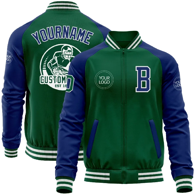 Soft Plush Jacket for Cozy Style-Custom Kelly Green Royal-White Bomber Varsity Letterman Two Tone Zipper Jacket