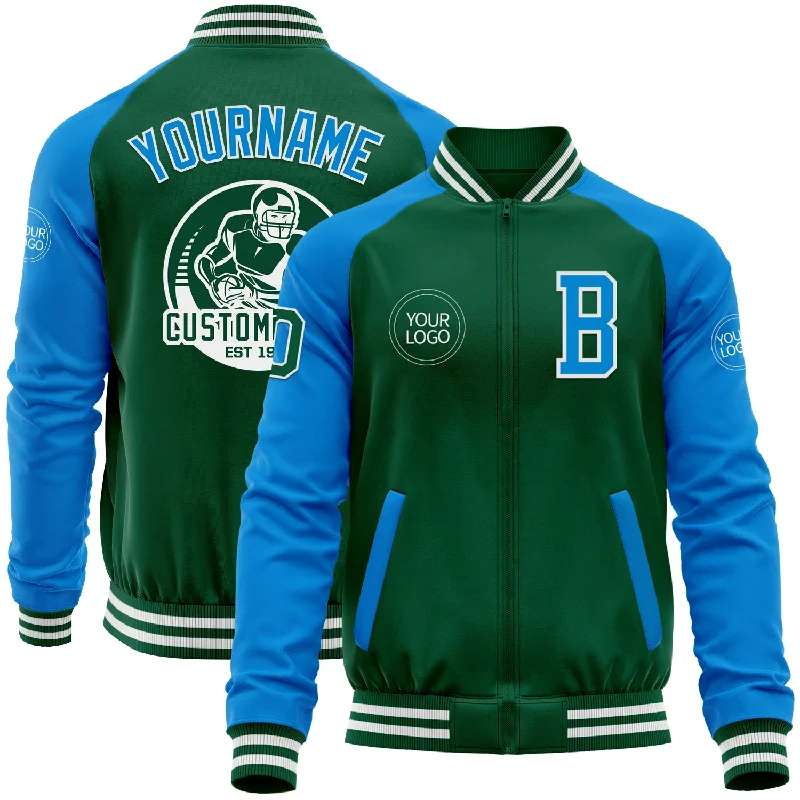 Durable Canvas Jacket for Heavy-Duty Wear-Custom Kelly Green Powder Blue-White Bomber Varsity Letterman Two Tone Zipper Jacket