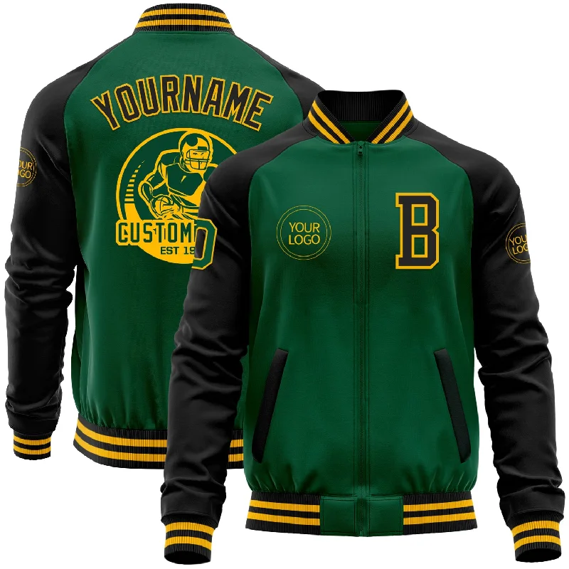 Retro Windbreaker Jacket for Vintage Appeal-Custom Kelly Green Black-Gold Bomber Varsity Letterman Two Tone Zipper Jacket