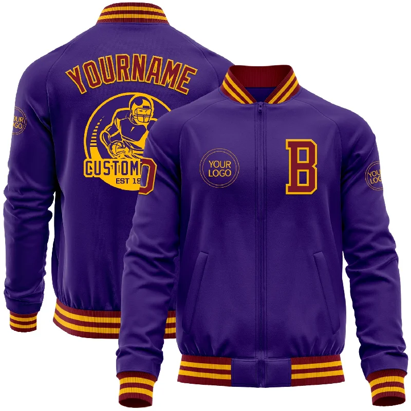 Classic Bomber Jacket for Timeless Look-Custom Purple Crimson-Gold Bomber Varsity Letterman Zipper Jacket