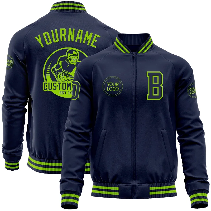 Insulated Jacket for Cold Winter Days-Custom Navy Neon Green Bomber Varsity Letterman Zipper Jacket