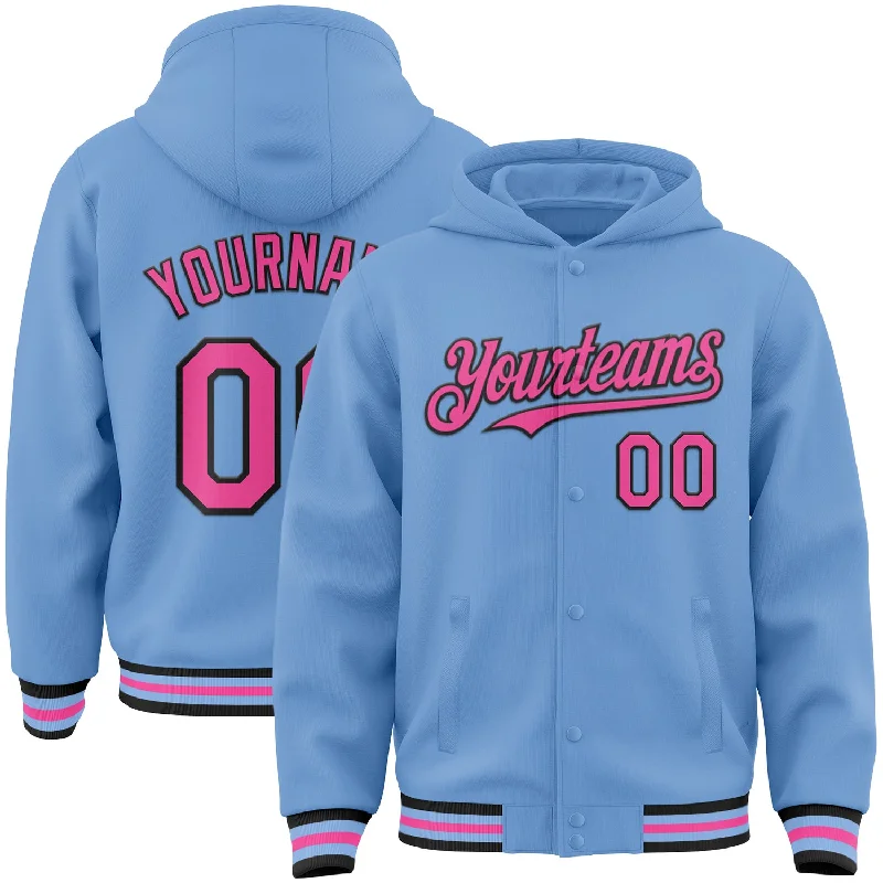 Soft Cotton Hooded Sweatshirt for Relaxed Style-Custom Light Blue Pink-Black Bomber Full-Snap Varsity Letterman Hoodie Jacket