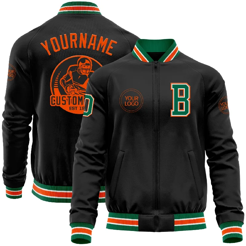 Zip-Up Sports Jacket for Workout Sessions-Custom Black Kelly Green-Orange Bomber Varsity Letterman Zipper Jacket