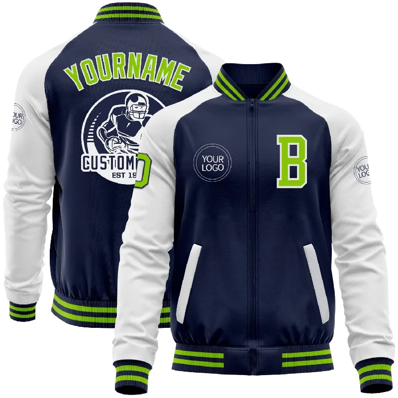 Functional Ski Jacket for Snow Sports-Custom Navy Neon Green-White Bomber Varsity Letterman Two Tone Zipper Jacket