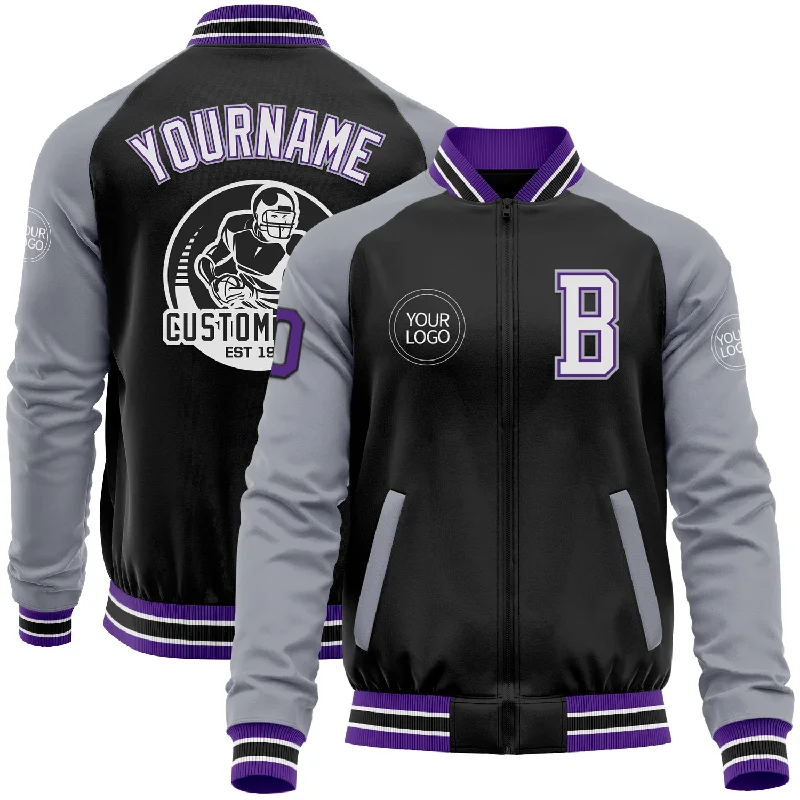 Classic Field Jacket for Vintage Outdoor Style-Custom Black Purple-Gray Bomber Varsity Letterman Two Tone Zipper Jacket