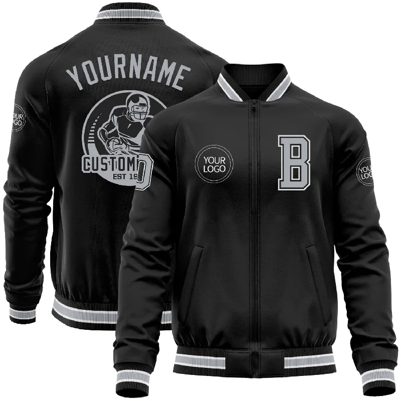 Packable Jacket for Travel and Convenience-Custom Black Gray-White Bomber Varsity Letterman Zipper Jacket