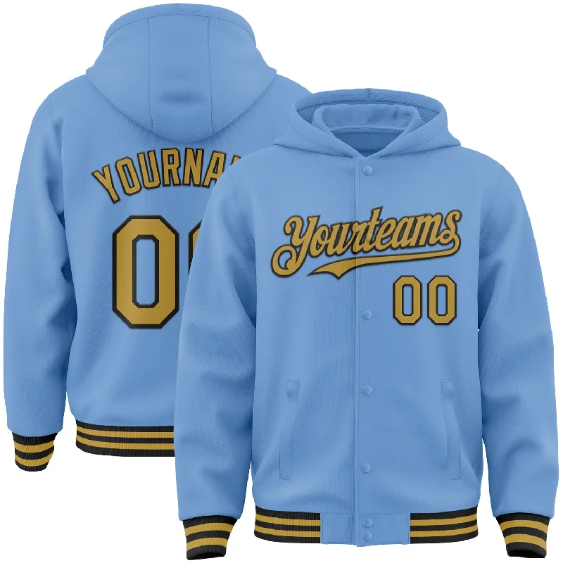 Colorful Hoodie for Fun Fashion Vibes-Custom Light Blue Old Gold-Black Bomber Full-Snap Varsity Letterman Hoodie Jacket