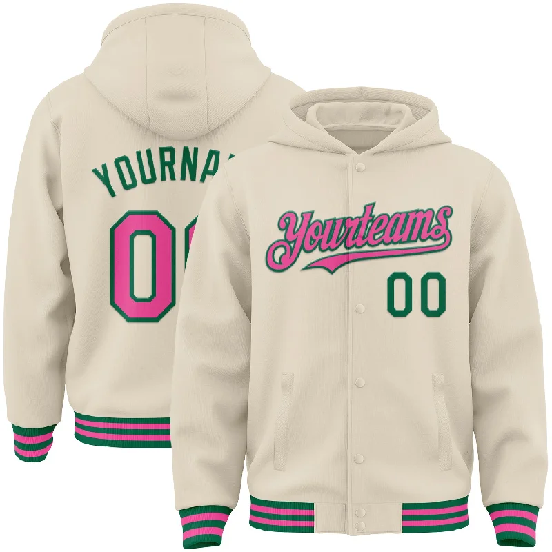 Trendy Colorblock Hoodie for Fashionable Style-Custom Cream Pink-Kelly Green Bomber Full-Snap Varsity Letterman Hoodie Jacket