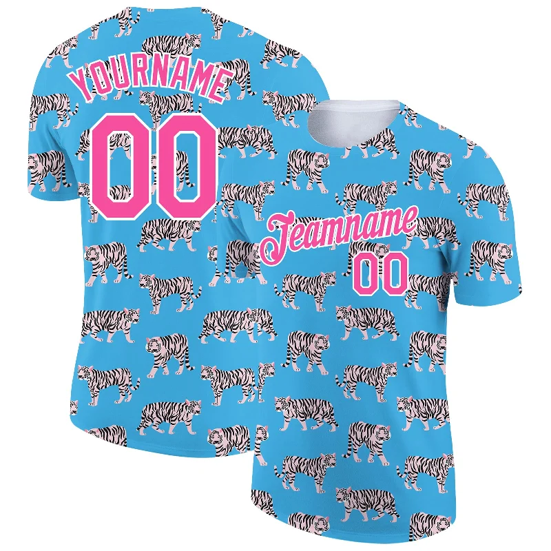 Lightweight Quick-Dry T-Shirt for Hot Weather-Custom Light Blue Pink-White 3D Pattern Design Tiger Performance T-Shirt