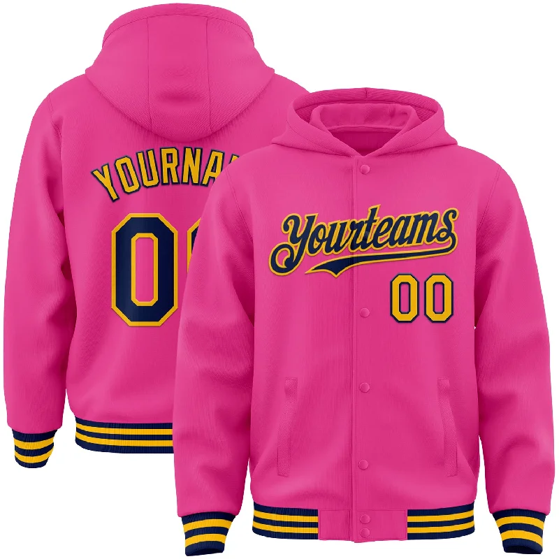 Urban Hoodie for Street Chic Look-Custom Pink Navy-Gold Bomber Full-Snap Varsity Letterman Hoodie Jacket