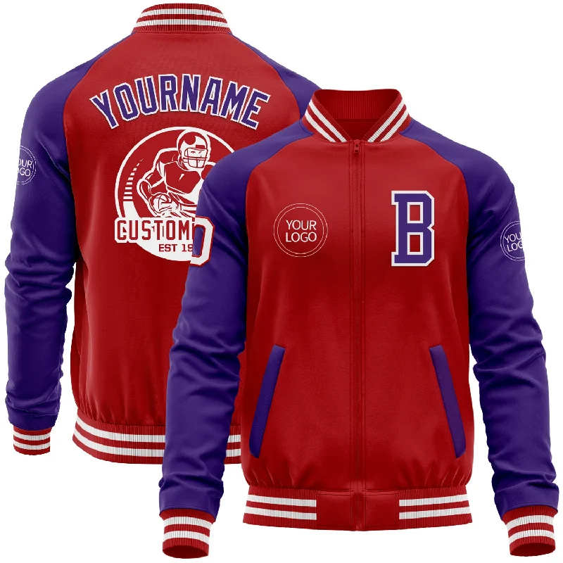 Seamless Jacket for Sleek, Minimalist Look-Custom Red Purple-White Bomber Varsity Letterman Two Tone Zipper Jacket