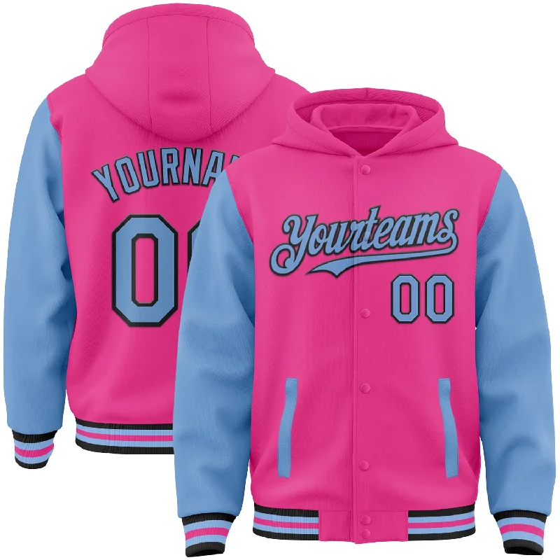 Bold Color Hoodie for Attention-Grabbing Style-Custom Pink Light Blue-Black Bomber Full-Snap Varsity Letterman Two Tone Hoodie Jacket