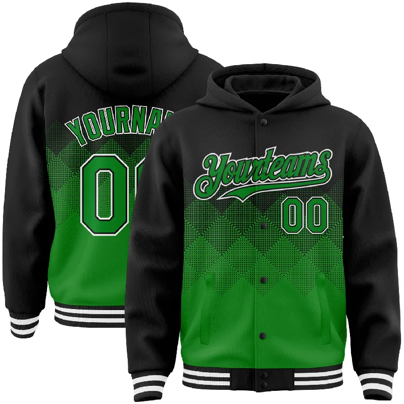 Cozy Zip Hoodie for Easy Layering-Custom Black Grass Green-White Gradient Square Shape 3D Pattern Design Bomber Full-Snap Varsity Letterman Hoodie Jacket