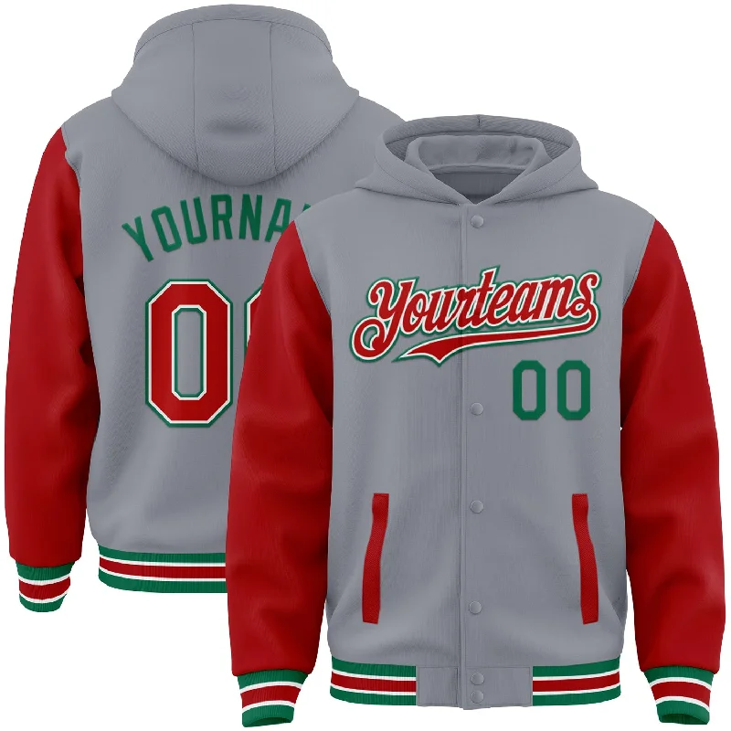 Warm Hooded Sweatshirt for Chilly Days-Custom Gray Red-Kelly Green Bomber Full-Snap Varsity Letterman Two Tone Hoodie Jacket