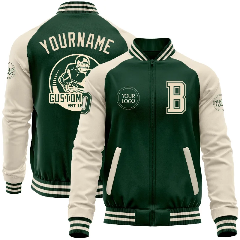 Soft Plush Jacket for Cozy Style-Custom Green Cream Bomber Varsity Letterman Two Tone Zipper Jacket