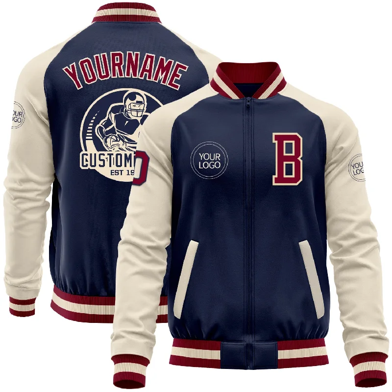 Zip-Up Sports Jacket for Workout Sessions-Custom Navy Maroon-Cream Bomber Varsity Letterman Two Tone Zipper Jacket