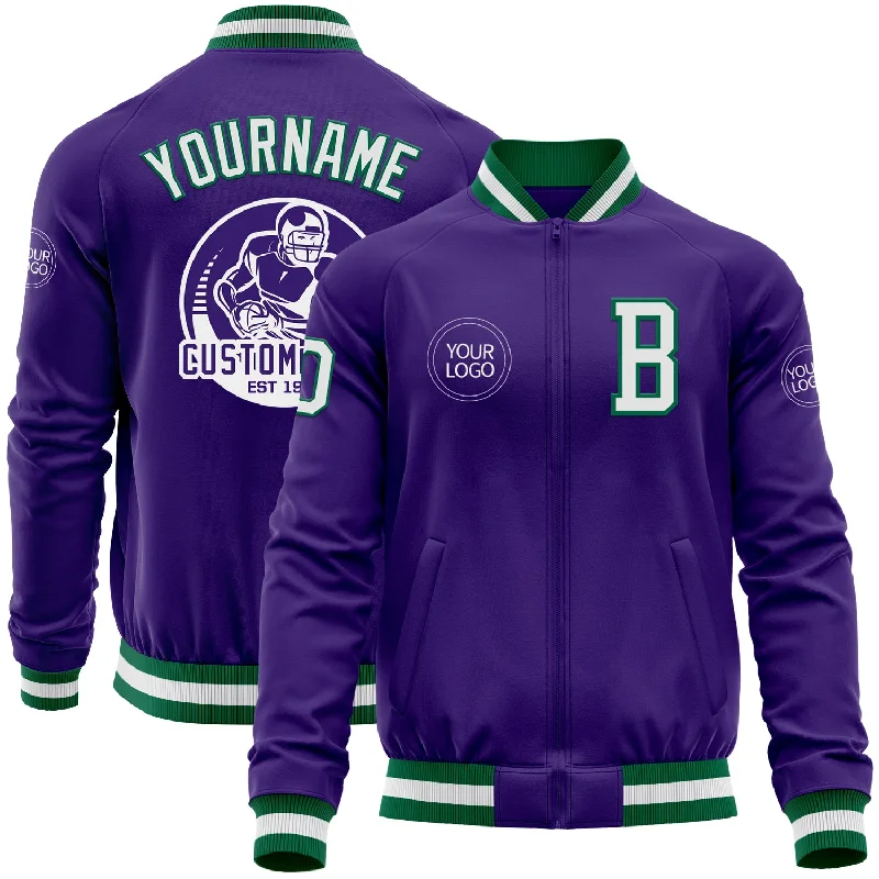 Modern Zip-Up Jacket for Stylish Comfort-Custom Purple White-Kelly Green Bomber Varsity Letterman Zipper Jacket