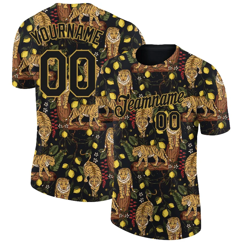 Graphic T-Shirt with Artistic Designs-Custom Black Old Gold 3D Pattern Design Tiger Performance T-Shirt