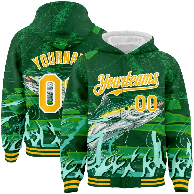 Eco-Conscious Hoodie for Sustainable Fashion-Custom Green Gold-White Tuna Fish Fishing 3D Bomber Full-Snap Varsity Letterman Hoodie Jacket