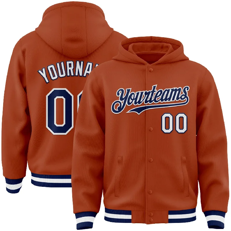 Warm Sherpa-Lined Hoodie for Ultimate Comfort-Custom Texas Orange Navy-White Bomber Full-Snap Varsity Letterman Hoodie Jacket