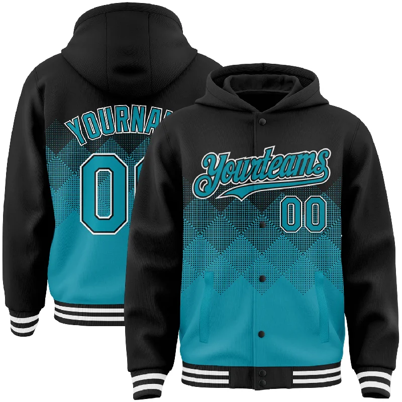 Minimalist Hoodie for Simple, Clean Look-Custom Black Teal-White Gradient Square Shape 3D Pattern Design Bomber Full-Snap Varsity Letterman Hoodie Jacket