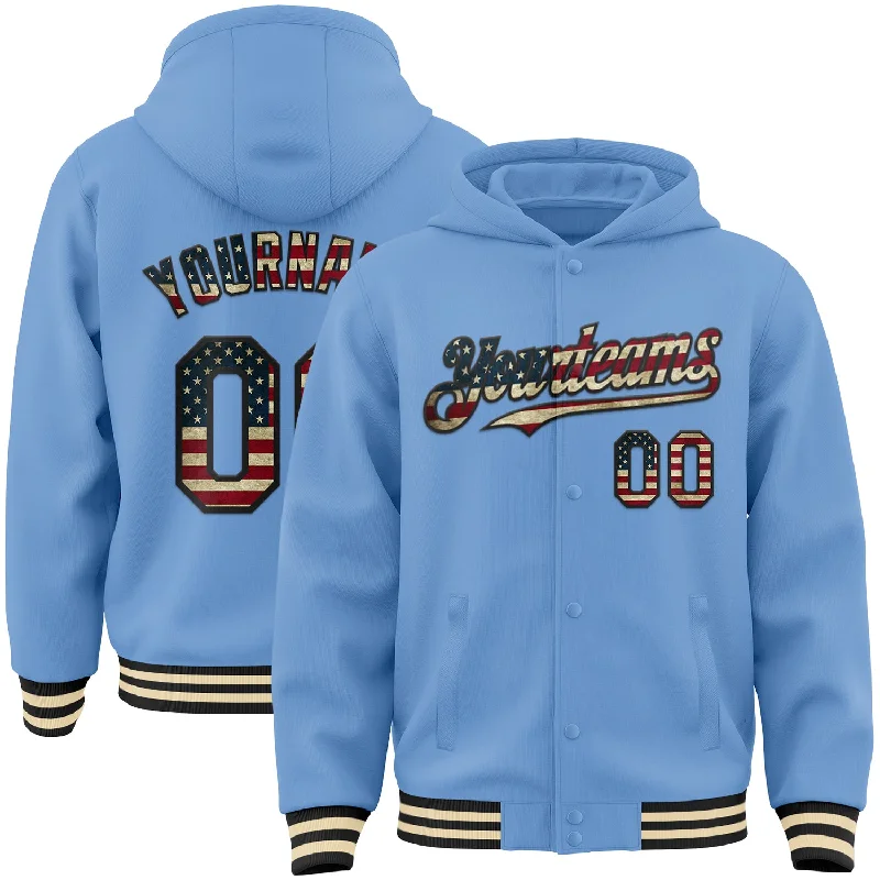 Soft Cotton Hooded Sweatshirt for Comfort-Custom Light Blue Vintage USA Flag Black-Cream Bomber Full-Snap Varsity Letterman Hoodie Jacket