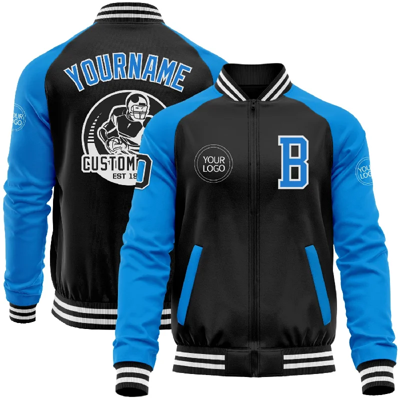 Stylish Peacoat Jacket for Cold Weather Fashion-Custom Black Powder Blue-White Bomber Varsity Letterman Two Tone Zipper Jacket