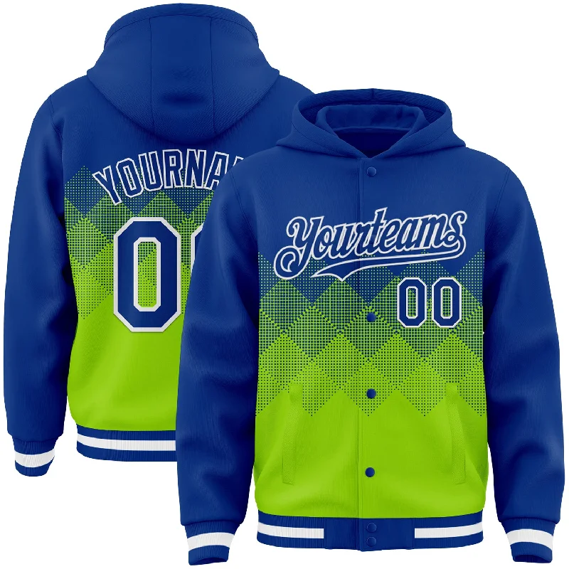 Soft Knit Hoodie for Lightweight Warmth-Custom Royal Neon Green-White Gradient Square Shape 3D Pattern Design Bomber Full-Snap Varsity Letterman Hoodie Jacket