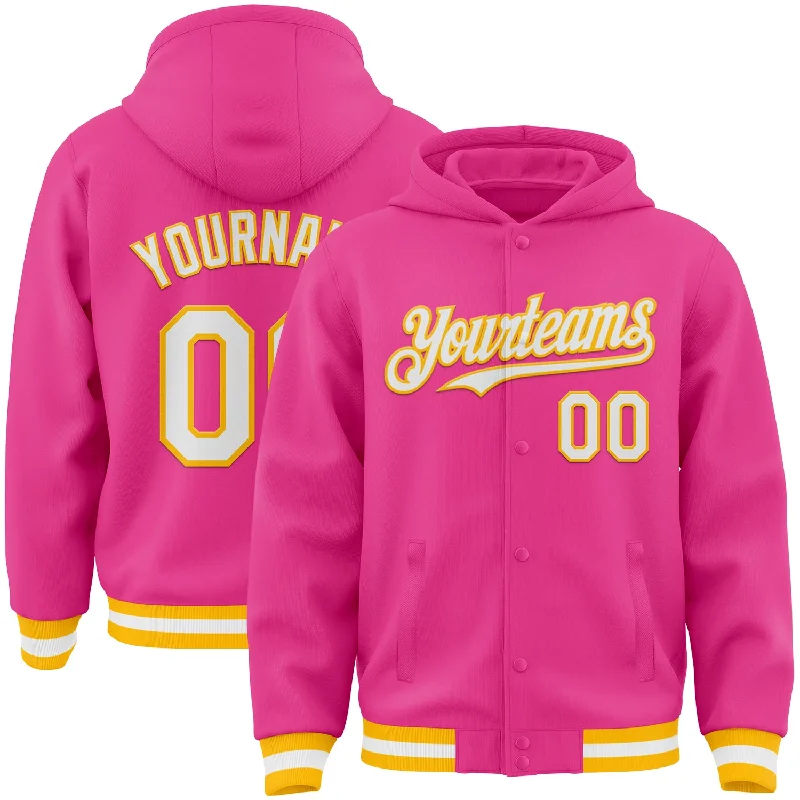 Cozy Hooded Sweatshirt for Winter Comfort-Custom Pink White-Gold Bomber Full-Snap Varsity Letterman Hoodie Jacket