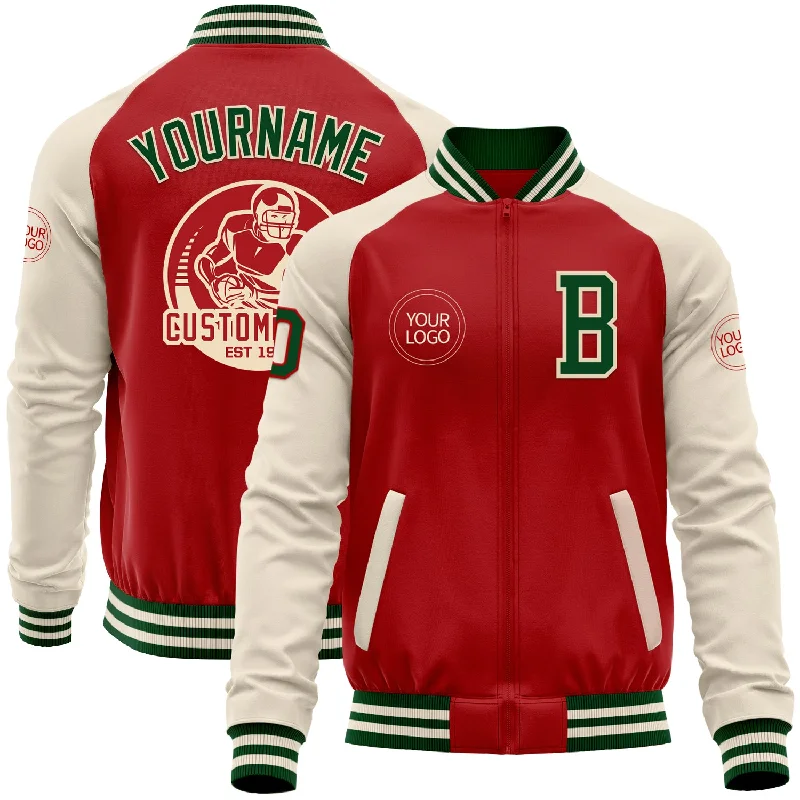 Waterproof Outdoor Jacket for All-Weather Protection-Custom Red Green-Cream Bomber Varsity Letterman Two Tone Zipper Jacket