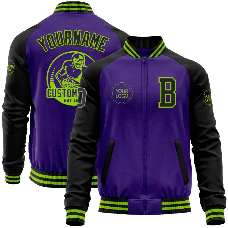 Tactical Jacket for Outdoor and Survival Gear-Custom Purple Black-Neon Green Bomber Varsity Letterman Two Tone Zipper Jacket