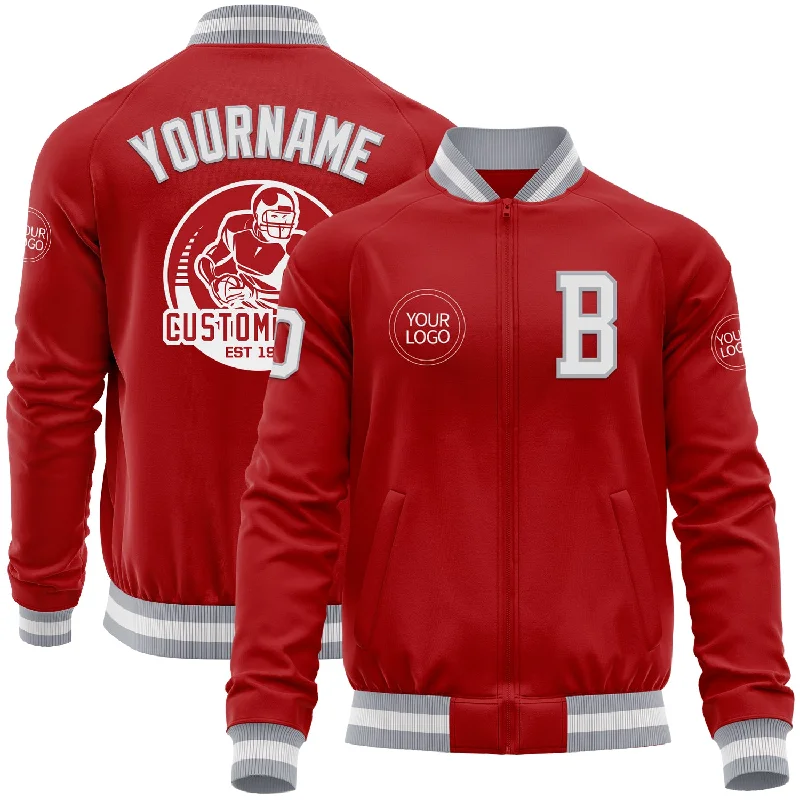 Trendy Hooded Jacket for Casual Fashion-Custom Red White-Gray Bomber Varsity Letterman Zipper Jacket