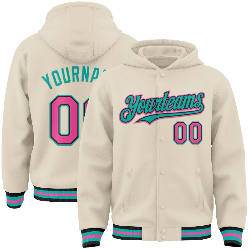 Lightweight Hoodie for Travel and Leisure-Custom Cream Pink Black-Aqua Bomber Full-Snap Varsity Letterman Hoodie Jacket