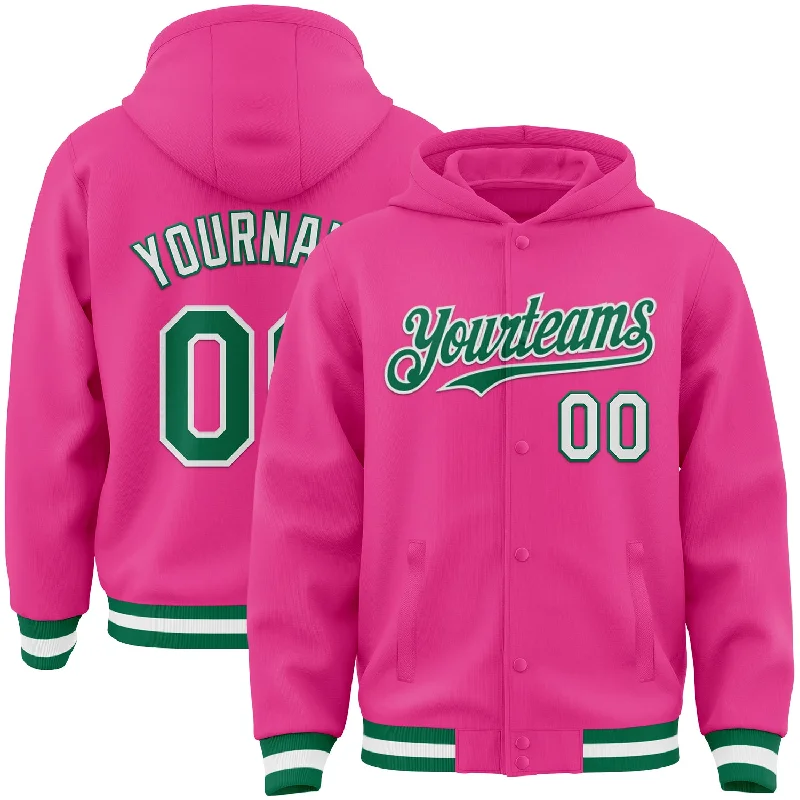 Vintage Hoodie for Nostalgic Look-Custom Pink Kelly Green-White Bomber Full-Snap Varsity Letterman Hoodie Jacket