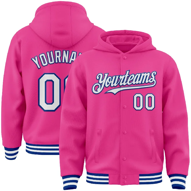 Athletic-Fit Hoodie for Sports and Fitness-Custom Pink White-Royal Bomber Full-Snap Varsity Letterman Hoodie Jacket