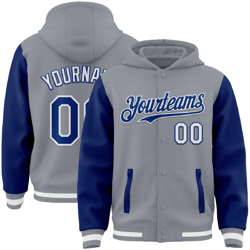 Soft Pullover Hoodie for Cold Weather Style-Custom Gray Royal-White Bomber Full-Snap Varsity Letterman Two Tone Hoodie Jacket