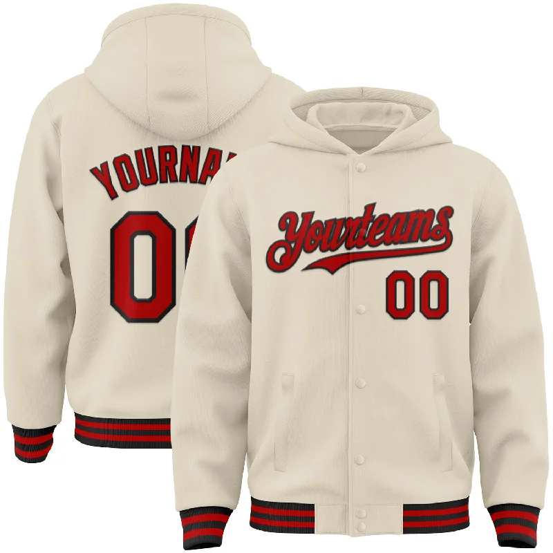 Stylish Hooded Sweatshirt for Casual Looks-Custom Cream Red-Black Bomber Full-Snap Varsity Letterman Hoodie Jacket