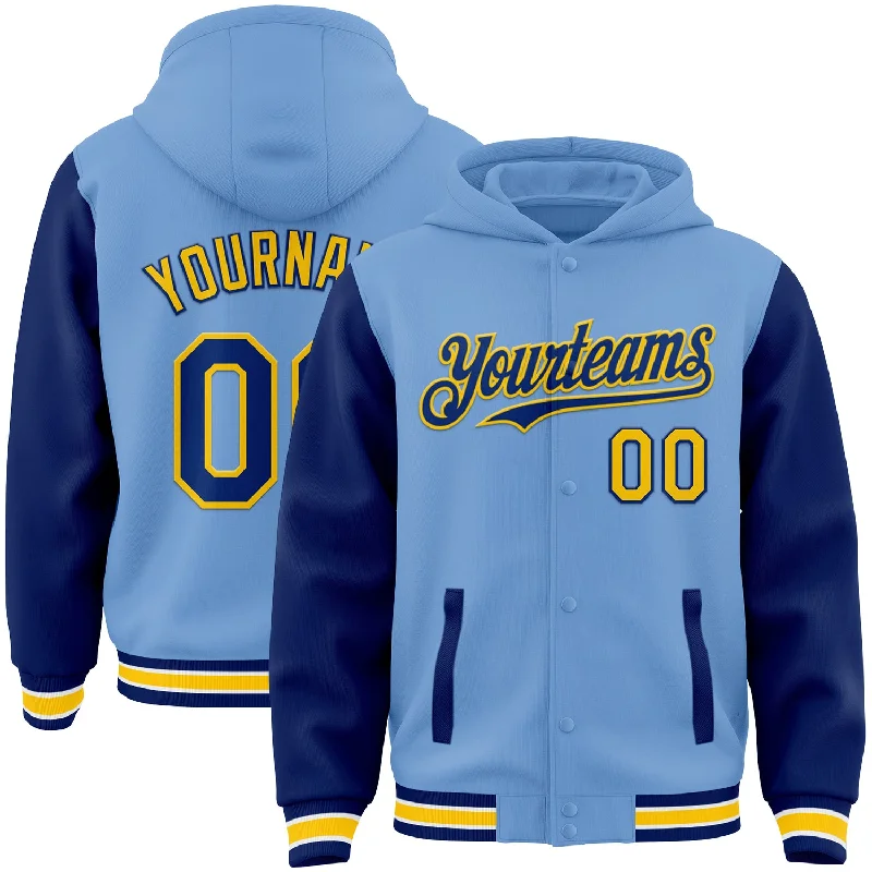 Warm Fleece-Lined Hoodie for Cold Weather-Custom Light Blue Royal-Yellow Bomber Full-Snap Varsity Letterman Two Tone Hoodie Jacket